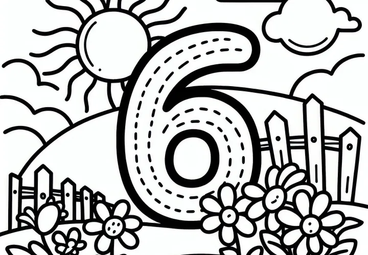 Nummer 6 met grote zon in juni: Kleurplaat om te downloaden (Gratis)