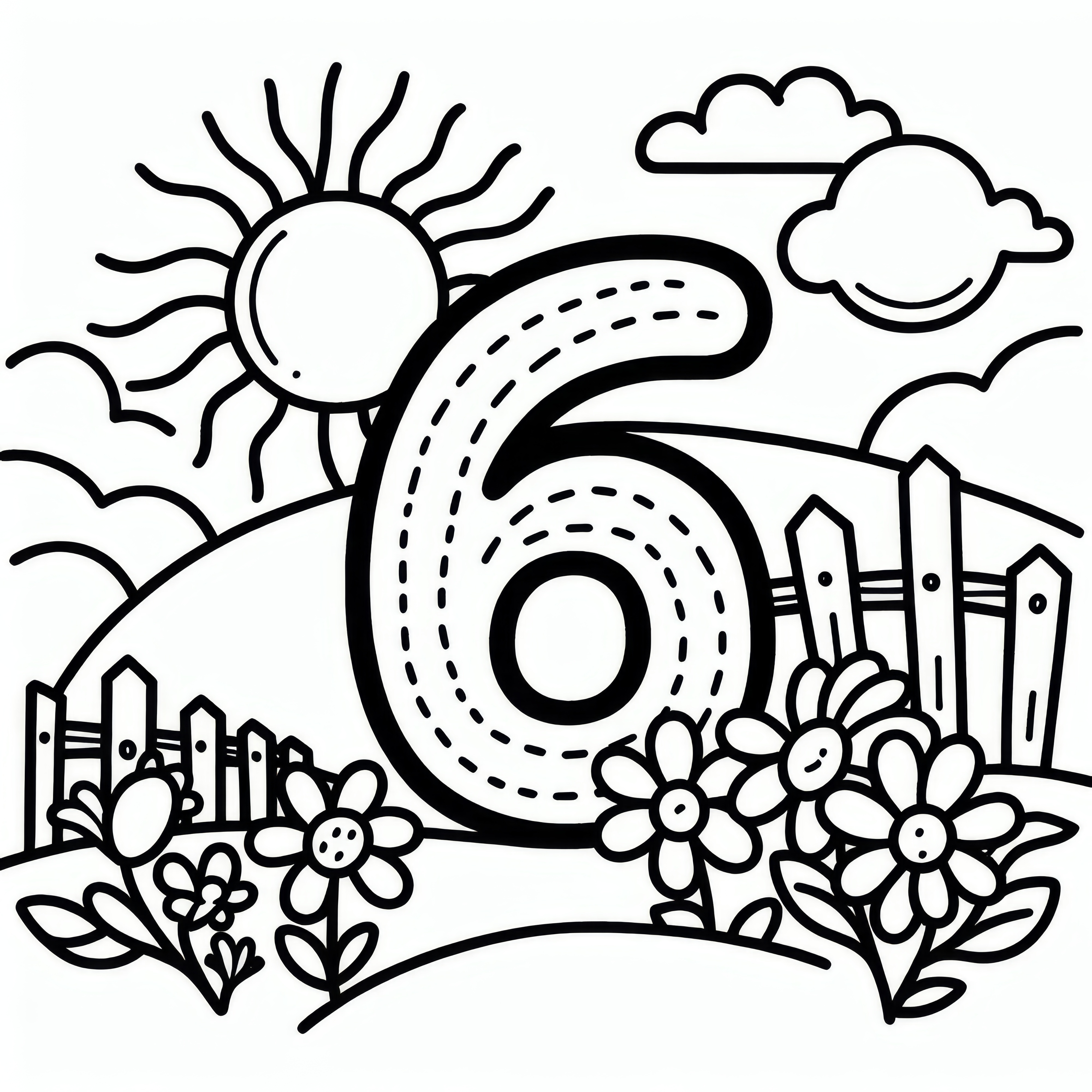 Nummer 6 met grote zon in juni: Kleurplaat om te downloaden (Gratis)