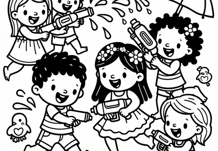 Kinder spelen met waterpistolen in juni: Kleurplaat om te downloaden (Gratis)