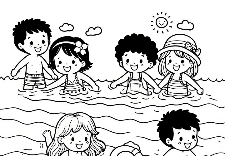 Kinder zwemmen in juli in zee: Gratis kleurplaat om te downloaden