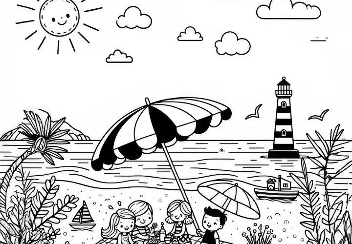 Gezellige vakantiesfeer op het strand in juli: Gratis kleurplaat