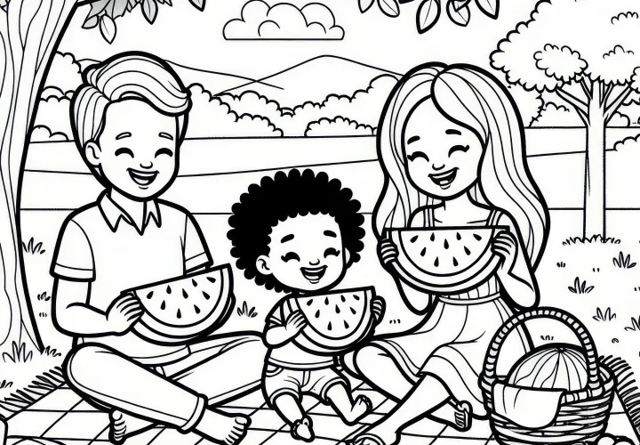 Mensen eten watermeloenen tijdens een picknick in juli: kleurplaat om te downloaden (gratis)