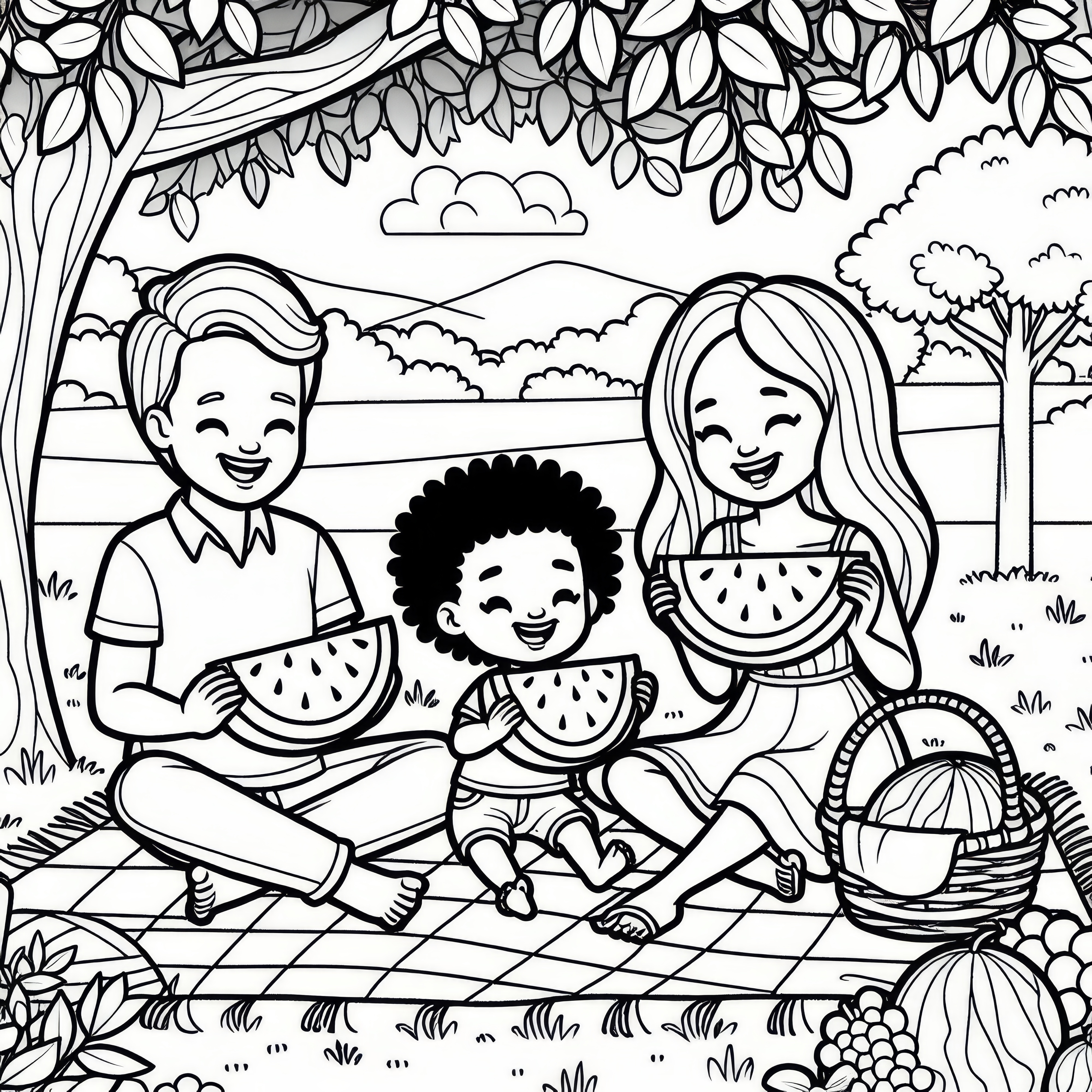 Orang-orang makan semangka di piknik pada bulan Juli: Lembar mewarnai untuk diunduh (Gratis)
