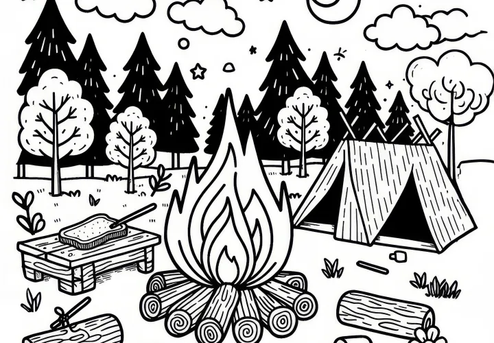 Kampvuur met stokbrood en marshmallows in juli: Kleurplaat om te downloaden (Gratis)