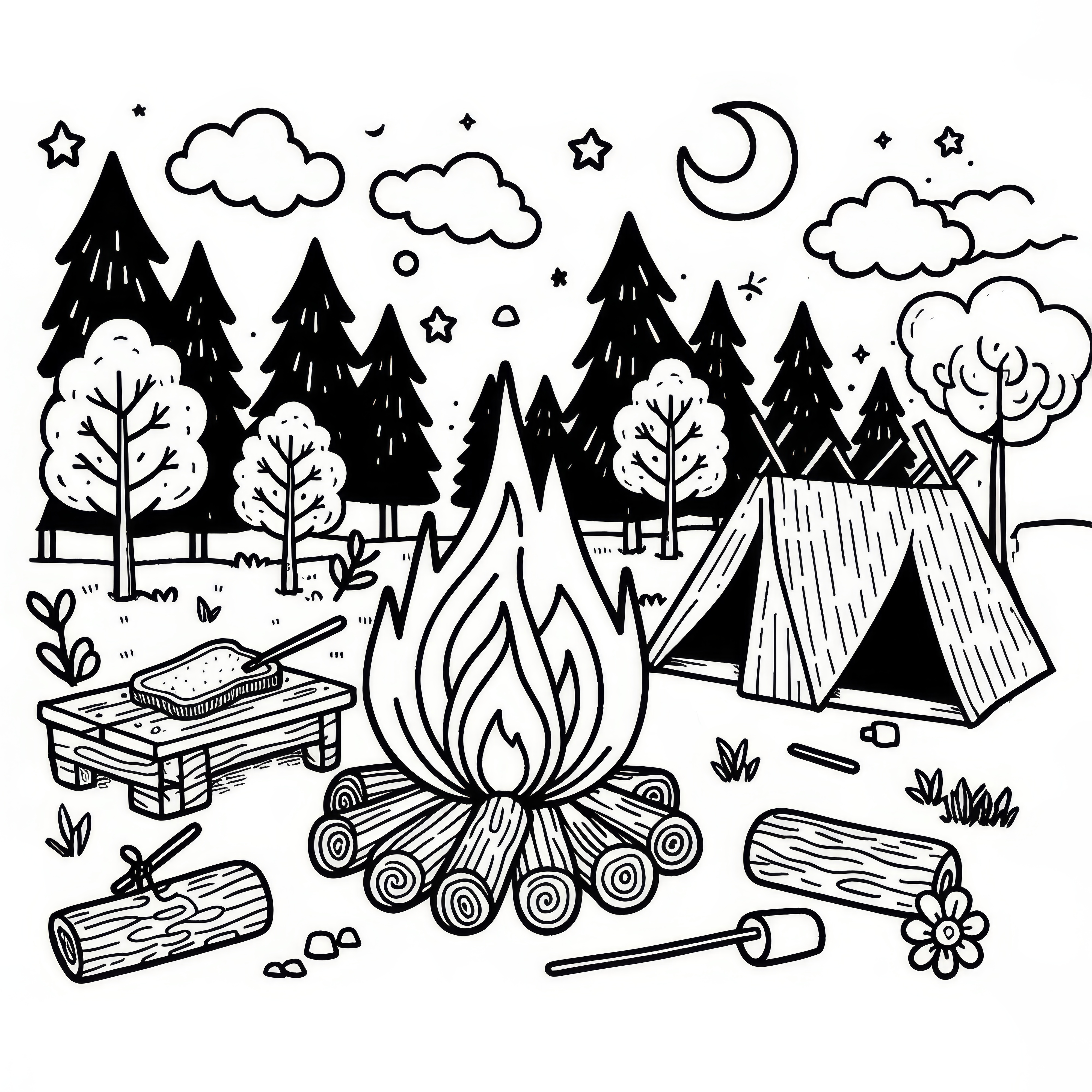 Oheň ve stanech s chlebem na hůlce a marshmallows v červenci: omalovánka ke stažení (Zdarma)