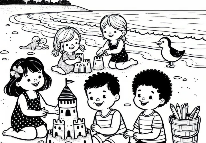 Kinder bouwen zandkastelen op het strand in juli: Kleurplaat om te downloaden (Gratis)