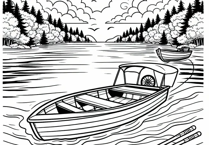 Boot vaart over rustig meer in juli: kleurplaat om te downloaden (Gratis)