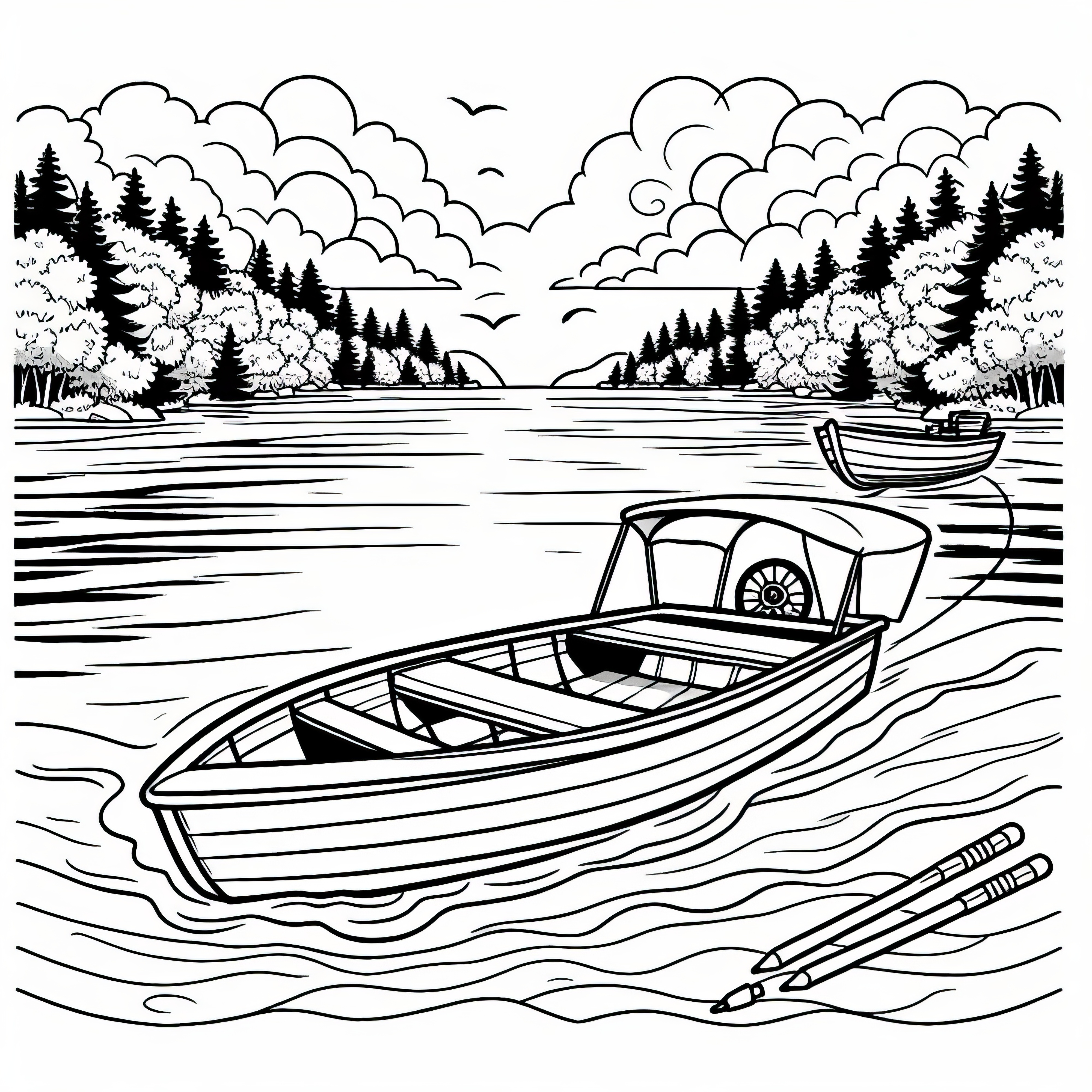 Boat travels over calm lake in July: coloring page for download (Free)