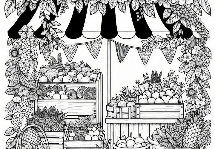 Marktkraam met zomerfruit en bloemen in juli: Gratis kleurplaat