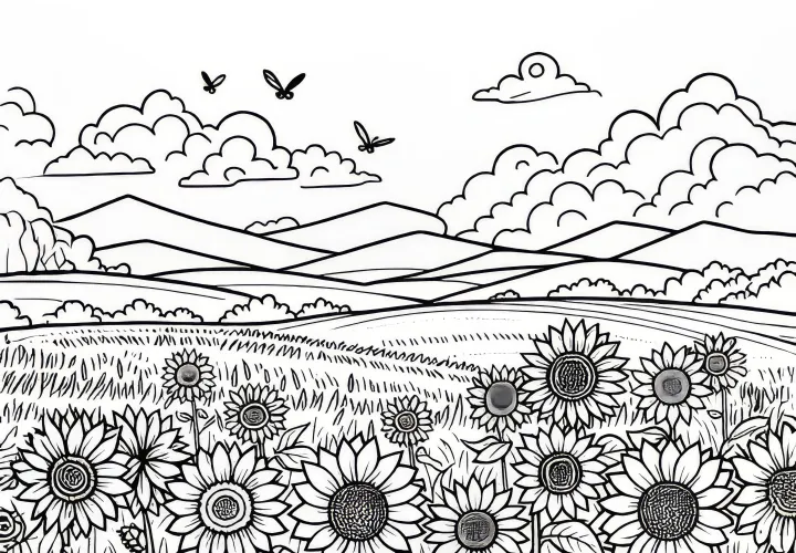 Zonnebloemen op een uitgestrekt veld in juli: kleurplaat om te downloaden (Gratis)