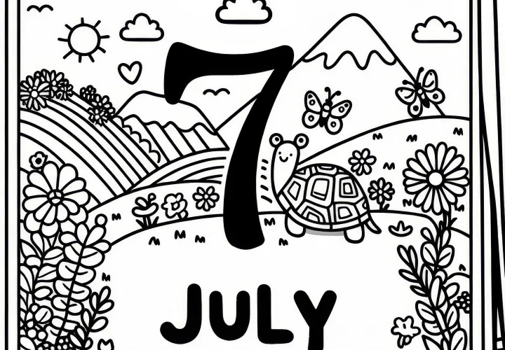 Kalenderblad met het nummer 7 voor de maand juli om in te kleuren (Gratis)