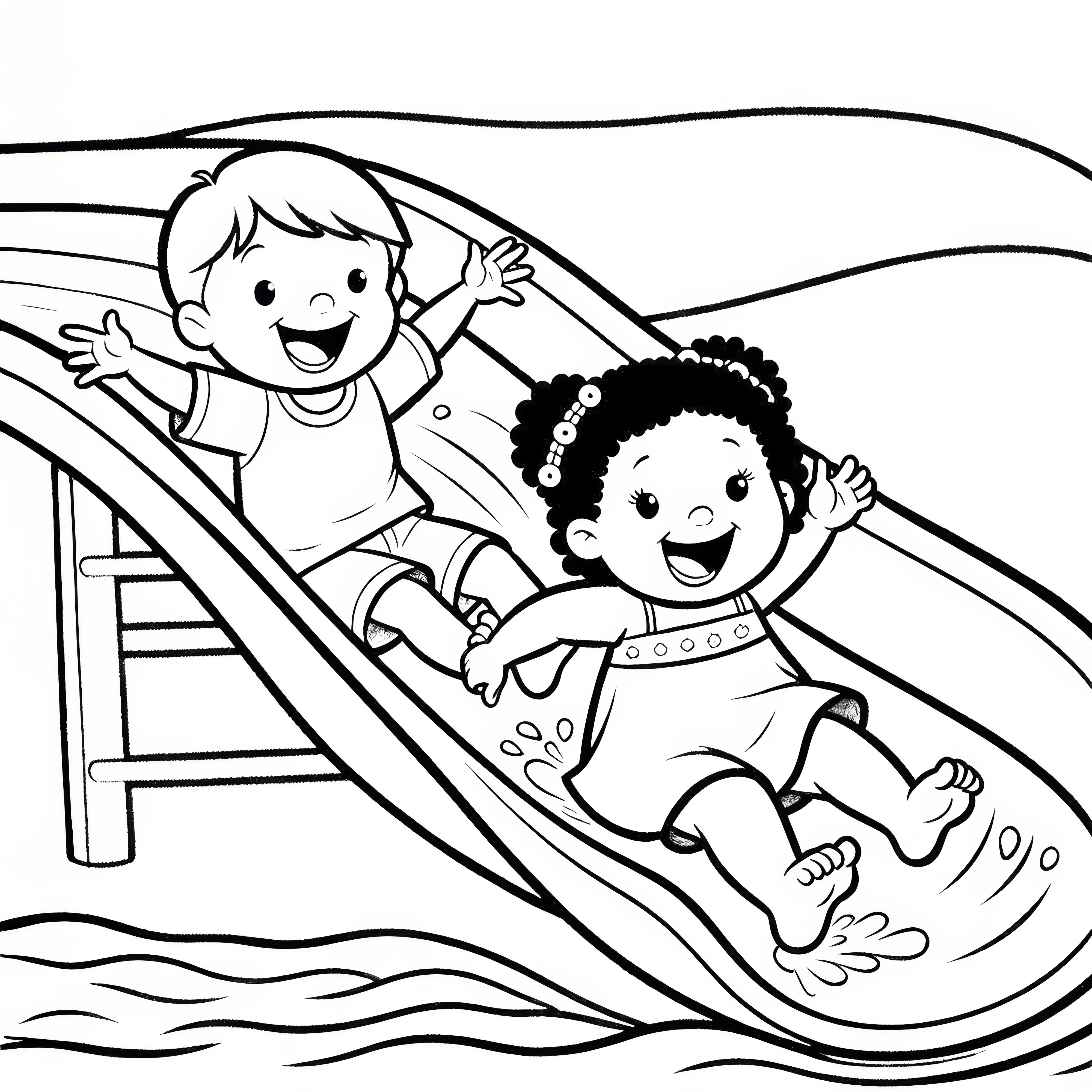 Children slide down water slide in July: Coloring picture for download (Free)