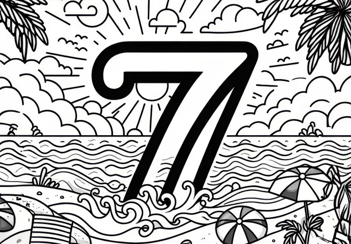 Nummer 7 op het zomerstrand in juli: Kleurplaat om te downloaden (Gratis)