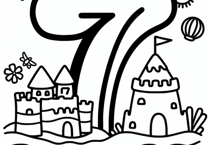 Nummer 7 met zandkasteel in juli: Kleurplaat om te downloaden (Gratis)