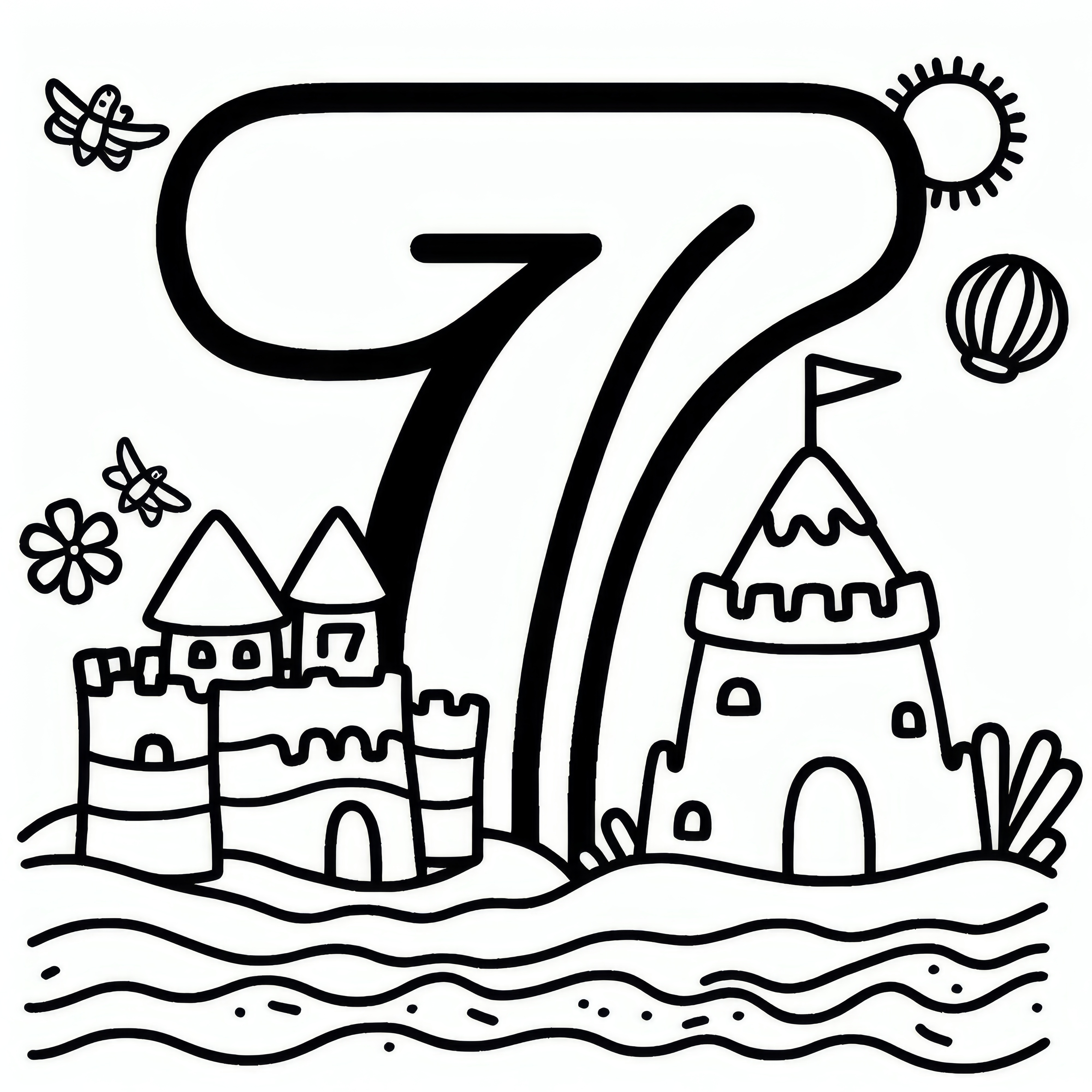 Number 7 with a sandcastle in July: Coloring picture to download (free)