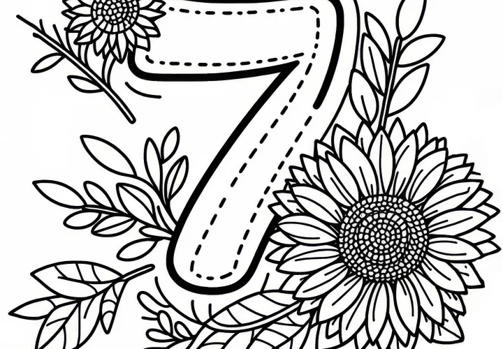 Nummer 7 met zonnebloemen in juli: Gratis kleurplaat om te downloaden