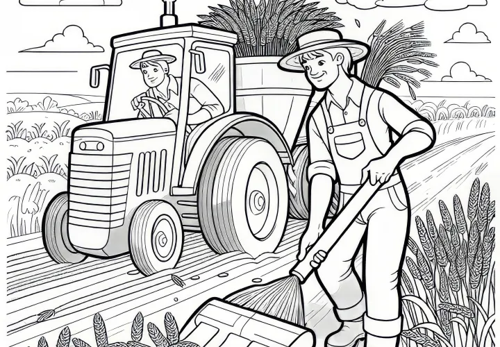 Boer oogst graan met tractor in augustus: Kleurplaat om te downloaden (Gratis)