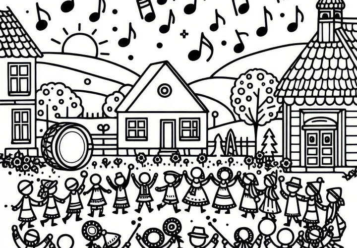 Mensen vieren een dorpsfeest met muziek en dans in augustus: Kleurplaat om te downloaden (Gratis)