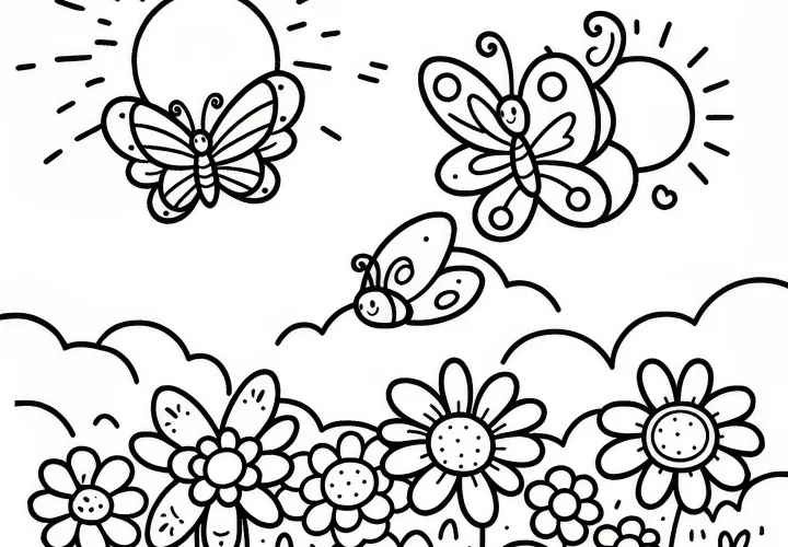 Vlinders vliegen over een zonnig bloemenveld in augustus: Gratis kleurplaat om te downloaden