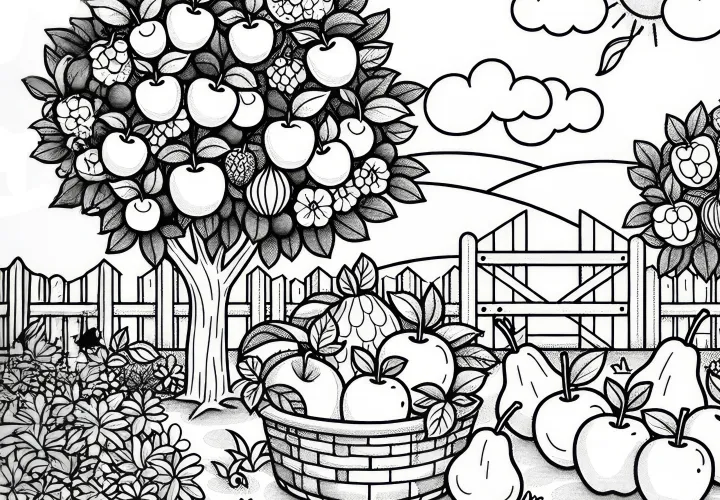 Boomgaard vol met rijpe appels en peren in augustus: Gratis kleurplaat om te downloaden