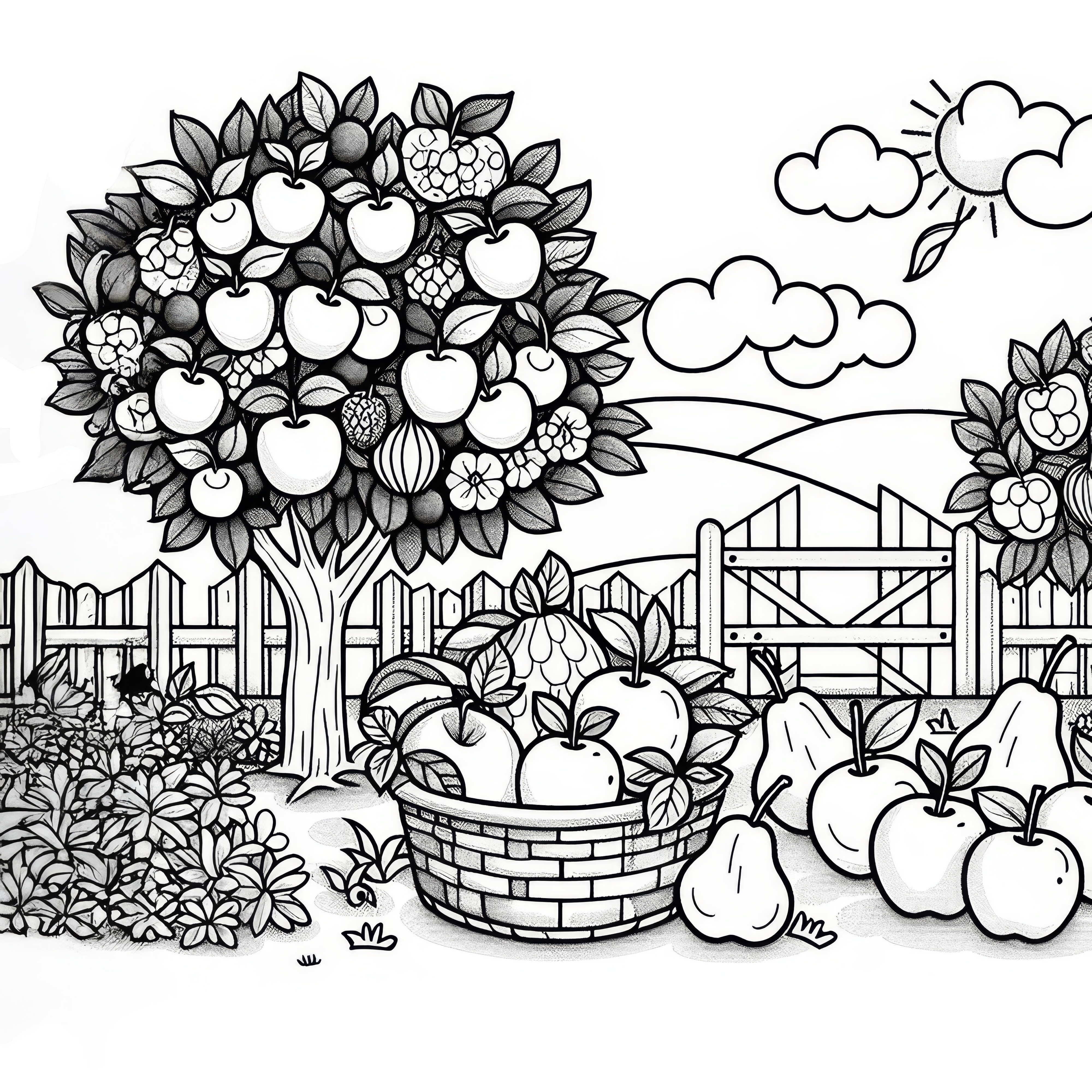 Orchard full of ripe apples and pears in August: Free coloring picture for download