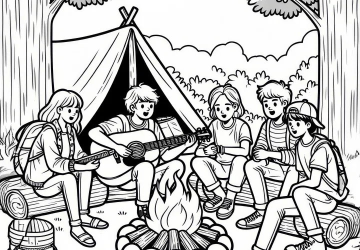 Kampvuur met jongeren en een gitaar in augustus: kleurplaat gratis te downloaden