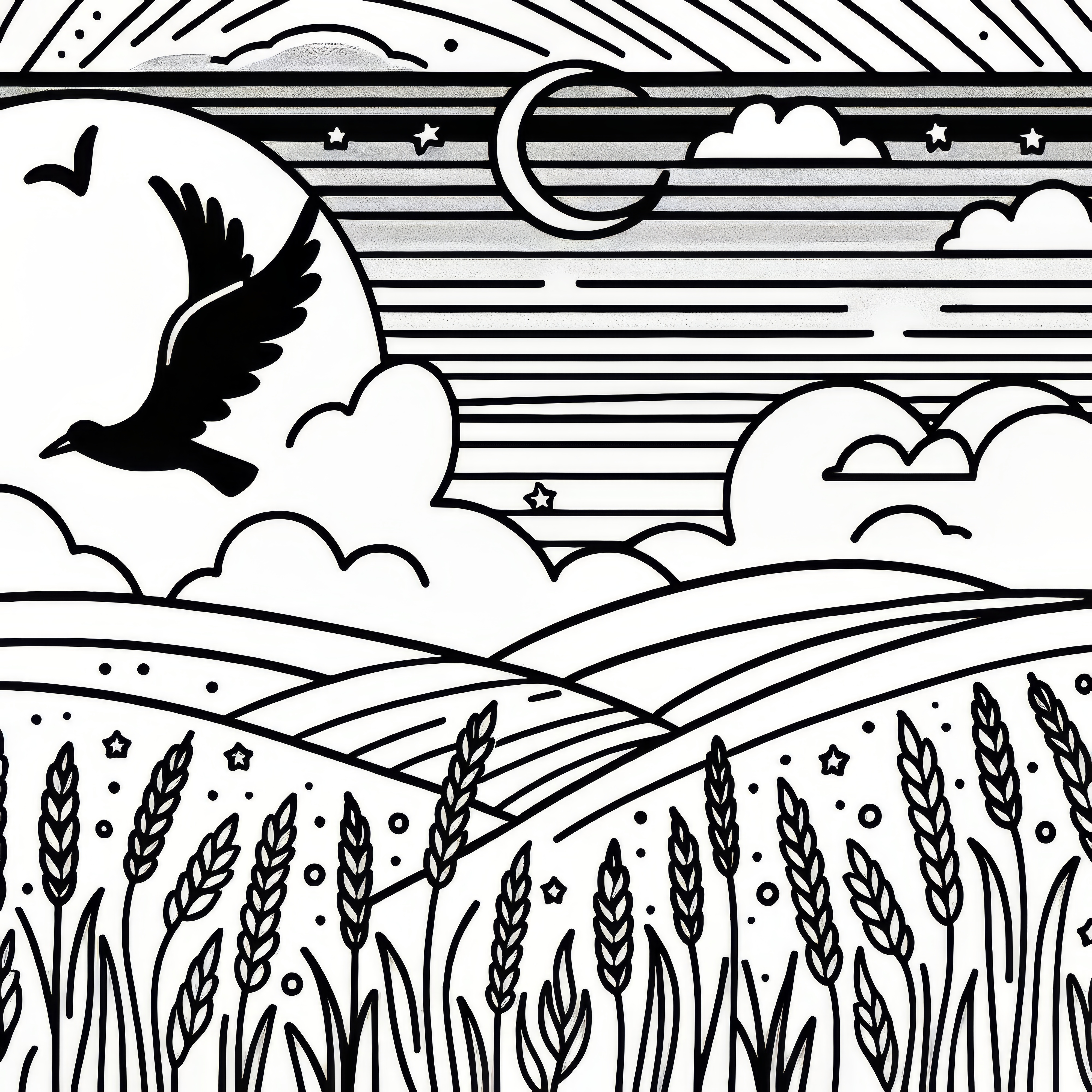 Sunset over fields in August: Coloring picture for download (Free)