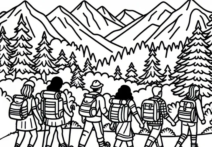 Mensen gaan wandelen in de bergen in augustus: Gratis kleurplaat om te downloaden