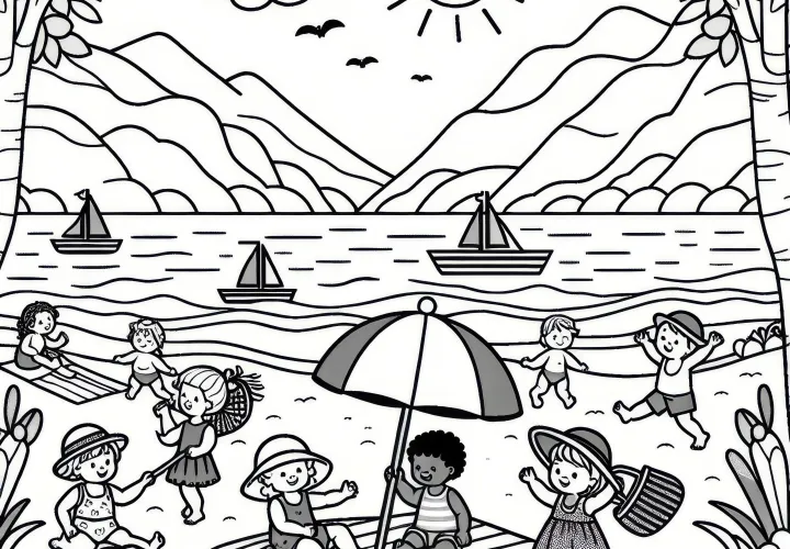Kinder op het strand in augustus: Kleurplaat gratis downloaden