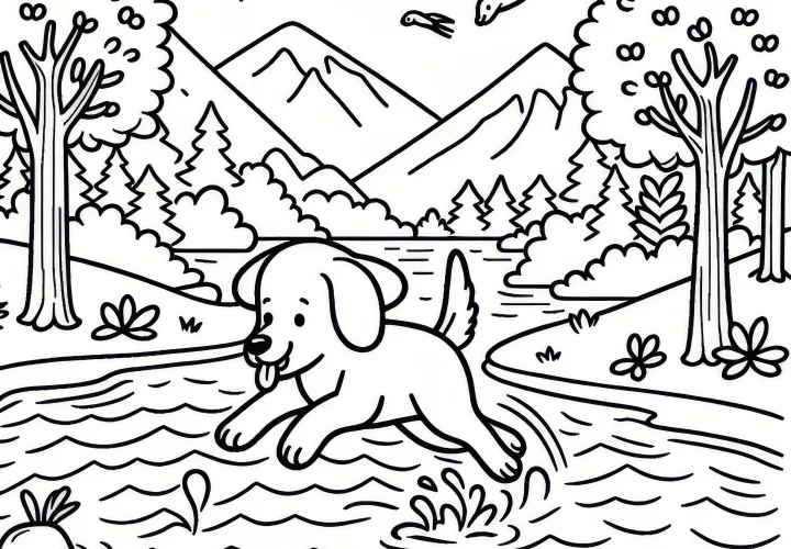 Hond springt in rivier om af te koelen in augustus: Kleurplaat om te downloaden