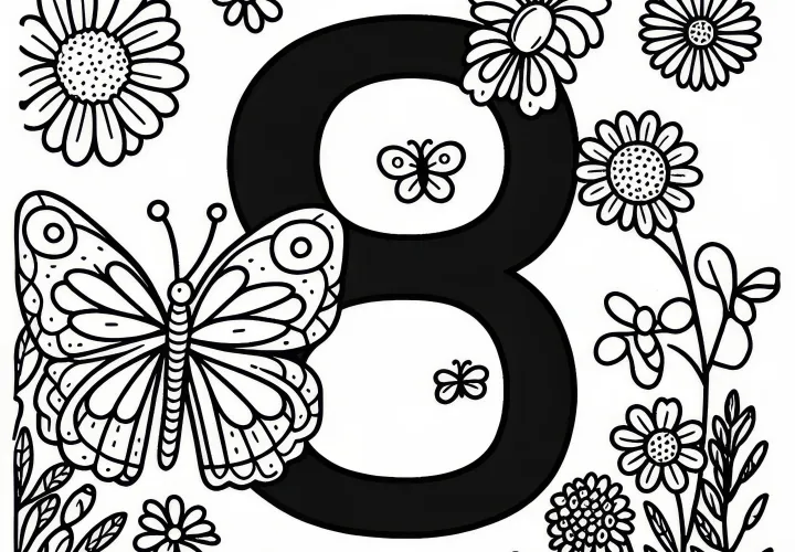 Nummer 8 met vlinder in augustus als kleurplaat (Gratis)