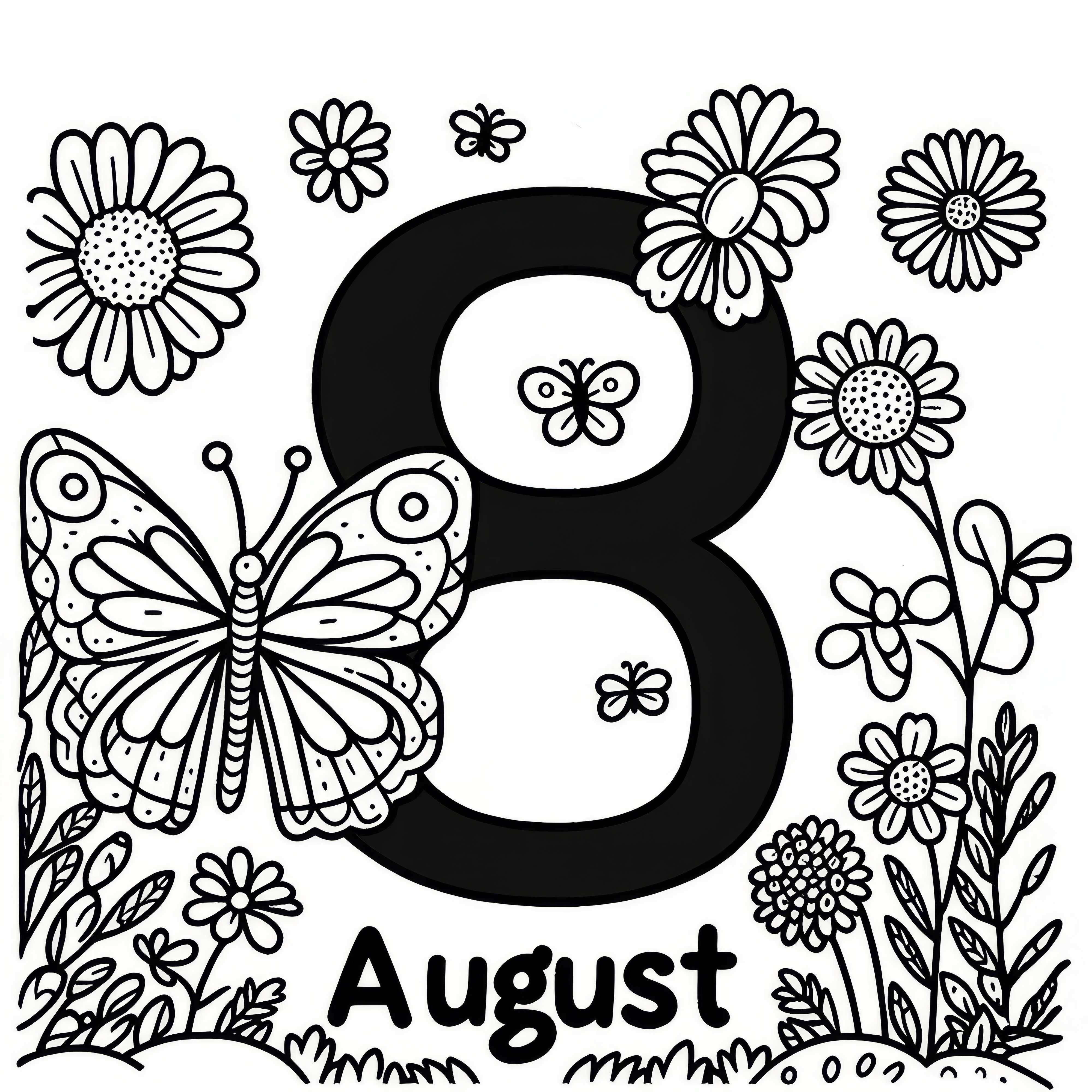 Number 8 with butterfly in August as a coloring page (Free)