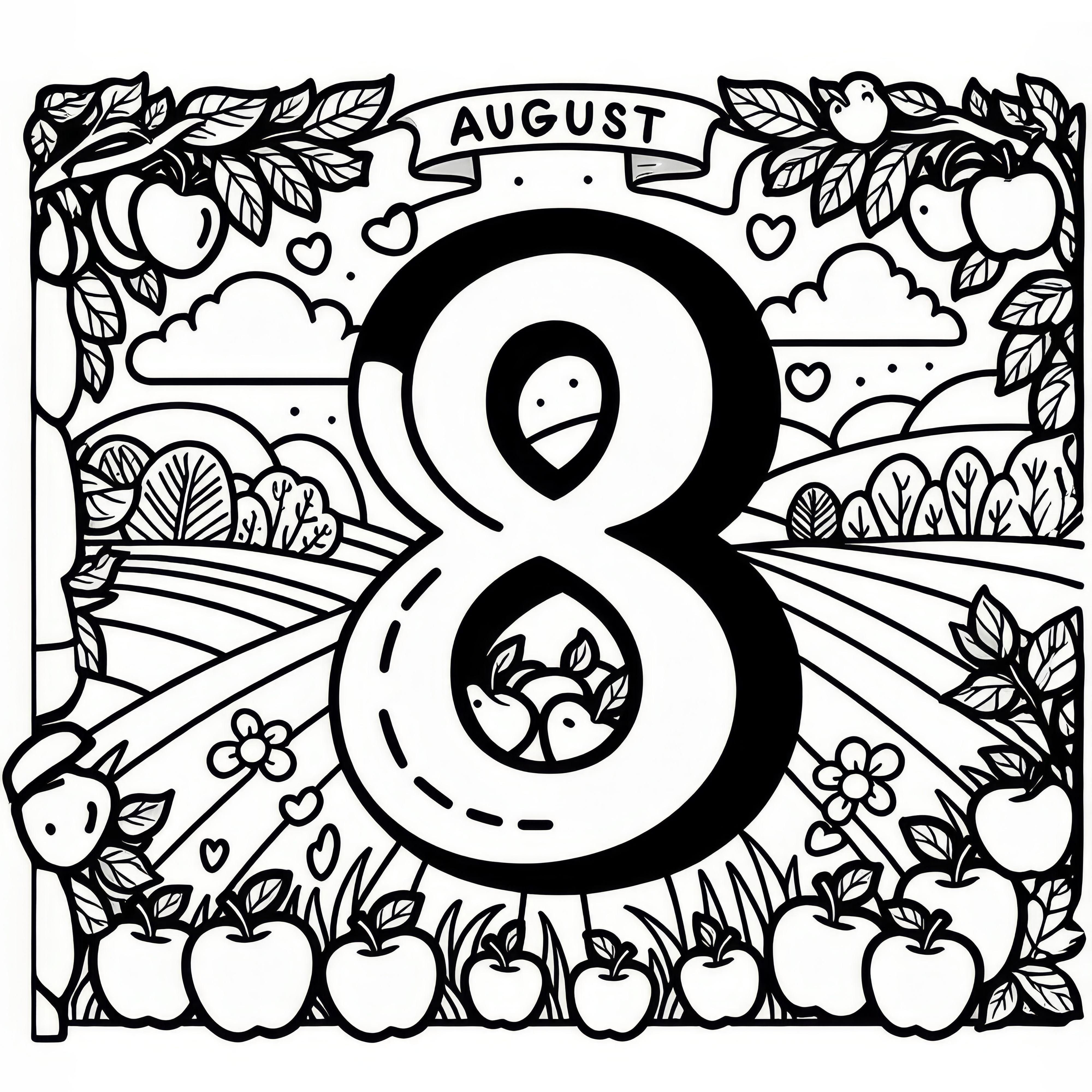Number 8 with apples and fields in August: coloring picture for download (Free)