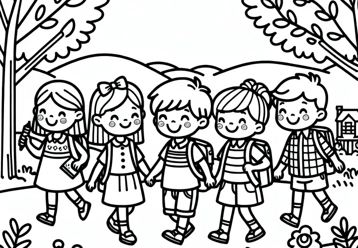Kinder gaan met schooltassen naar de eerste schooldag in september: Gratis kleurplaat