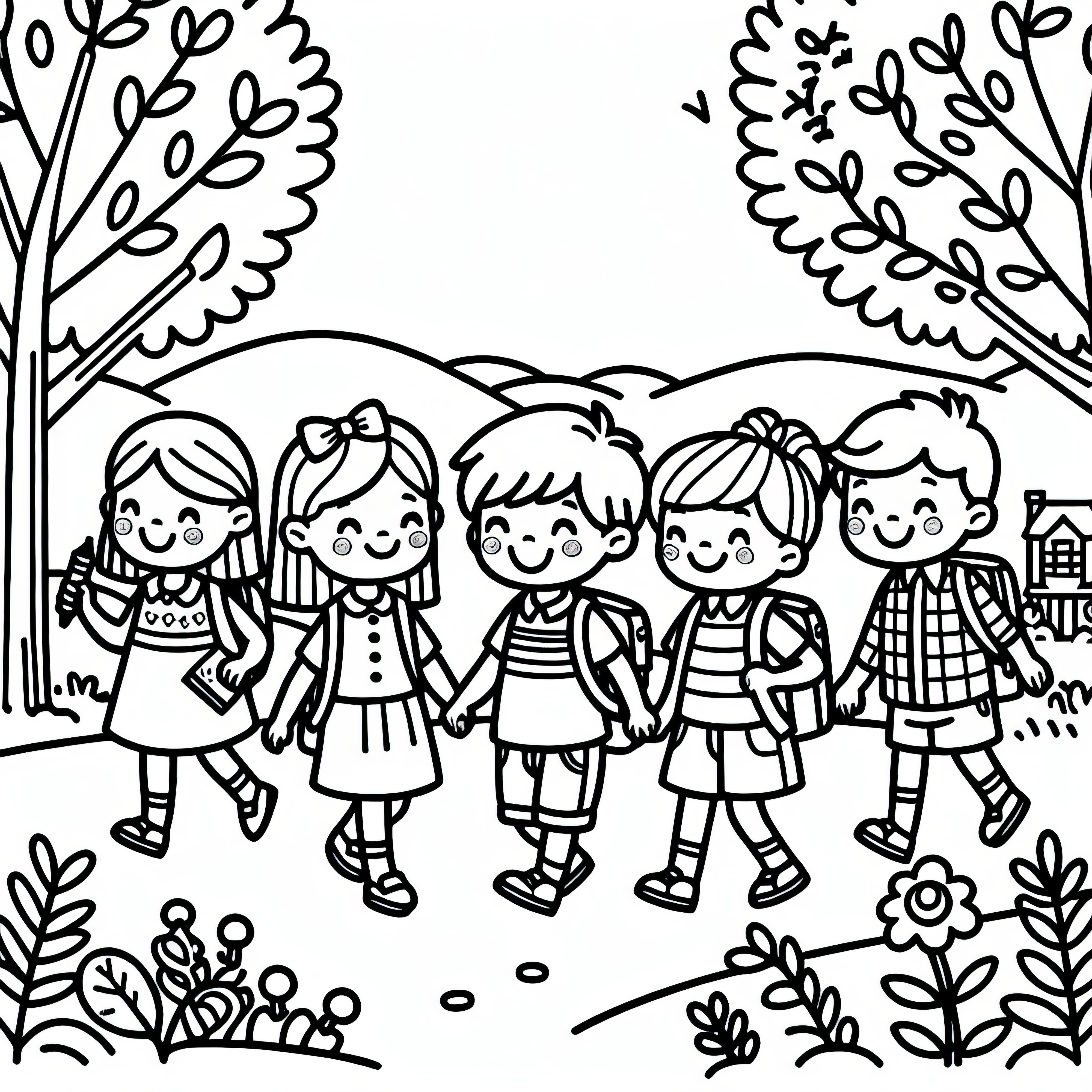 Les enfants vont à l'école avec un cartable pour le premier jour d'école en septembre: coloriage gratuit