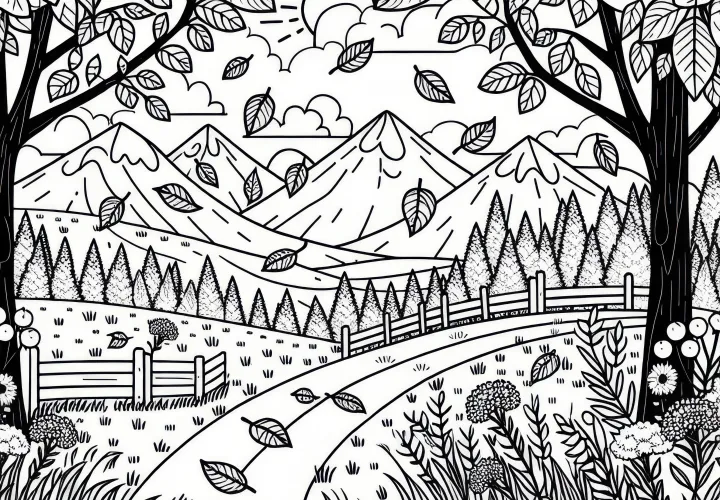 Herfstlandschap met bladeren in september: Kleurplaat om te downloaden (Gratis)