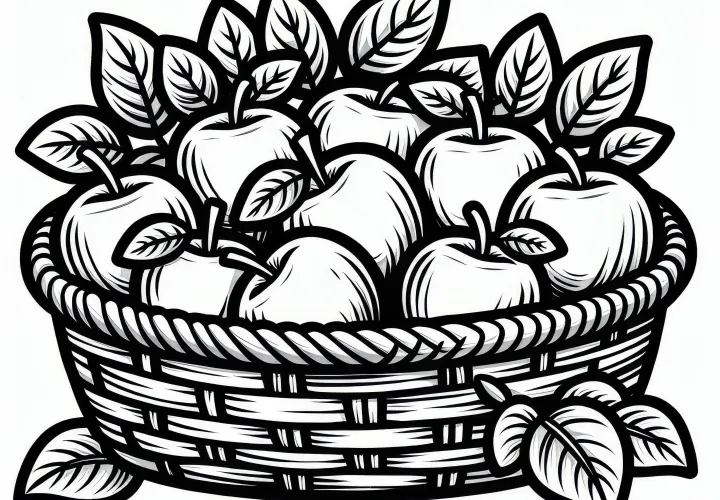 Mand vol vers geplukte appels in september: kleurplaat om te downloaden (Gratis)