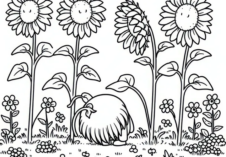 Zonnebloemen buigen onder het gewicht van hun hoofden in september: Kleurplaat om te downloaden (Gratis)