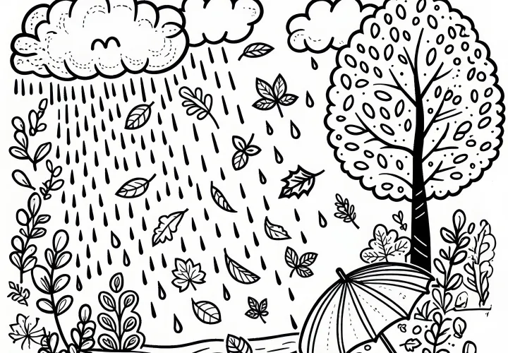 Regenbui met bladeren die in september door de lucht vliegen: Kleurplaat om te downloaden (Gratis)