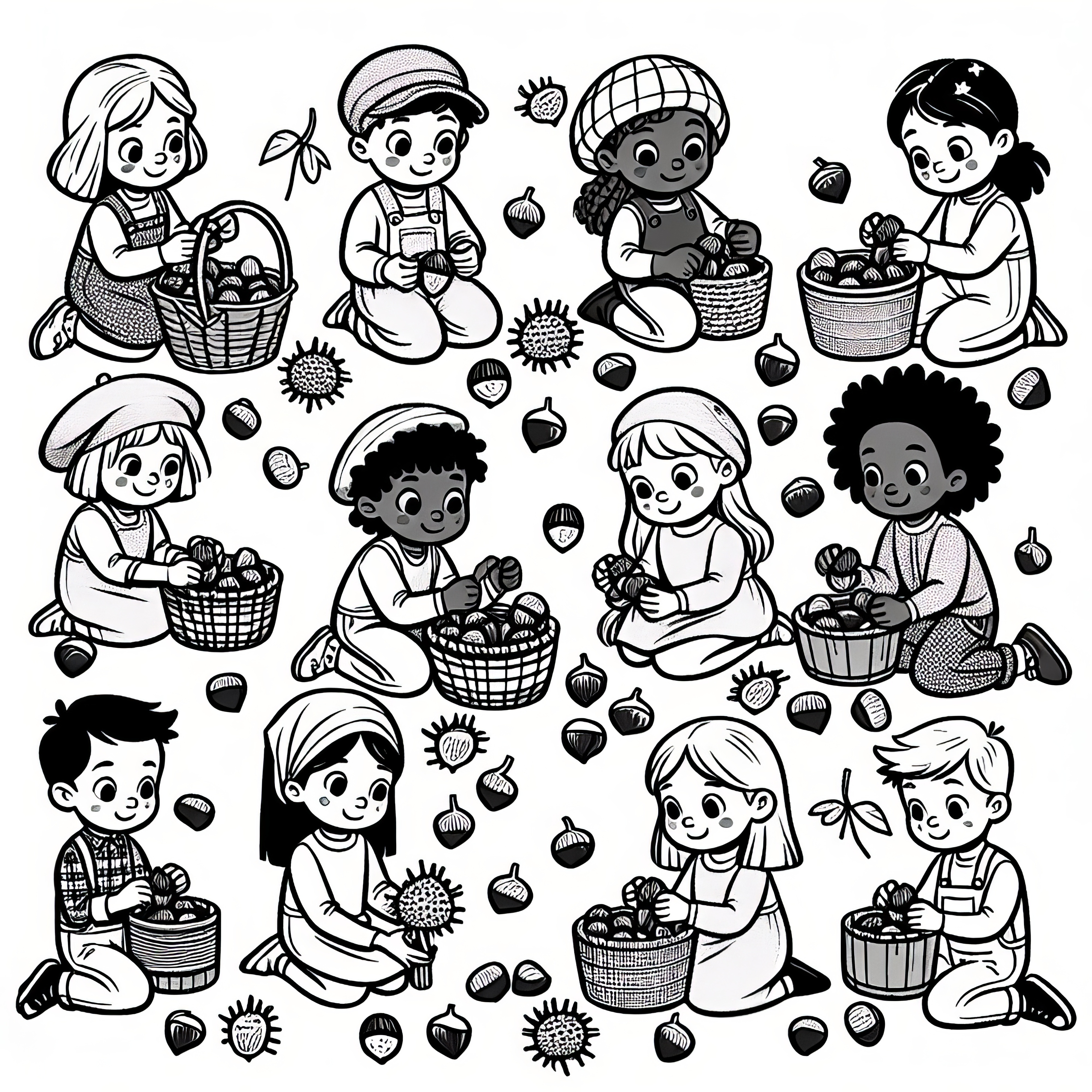 사람들은 9월에 밤빌논을 모으고 그림을 그리며 모형을 만듭니다: 무료 다운로드 가능한 색칠 그림