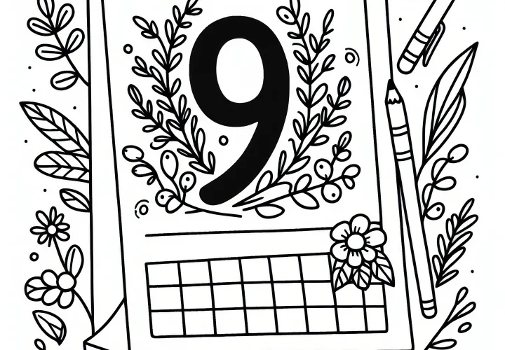 Kalenderblad met nummer 9 voor de maand september: Kleurplaat om te downloaden (gratis)
