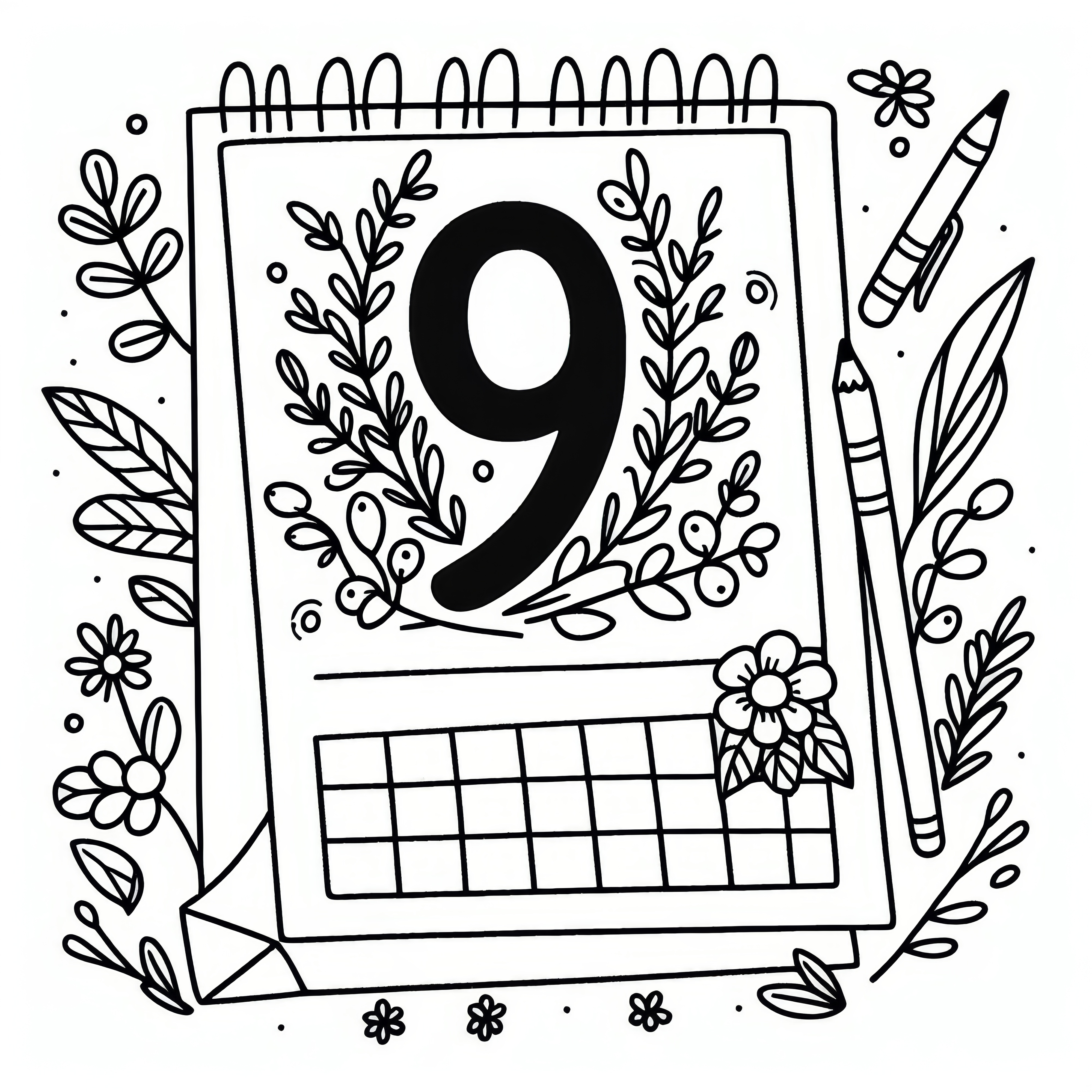 Calendar page with the number 9 for the month of September: Coloring picture for download (Free)