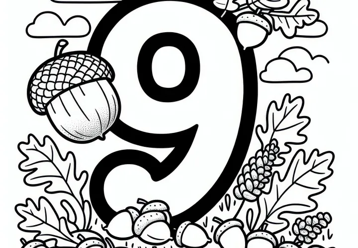 Het getal 9 met eikels: Kleurplaat voor september (Gratis)