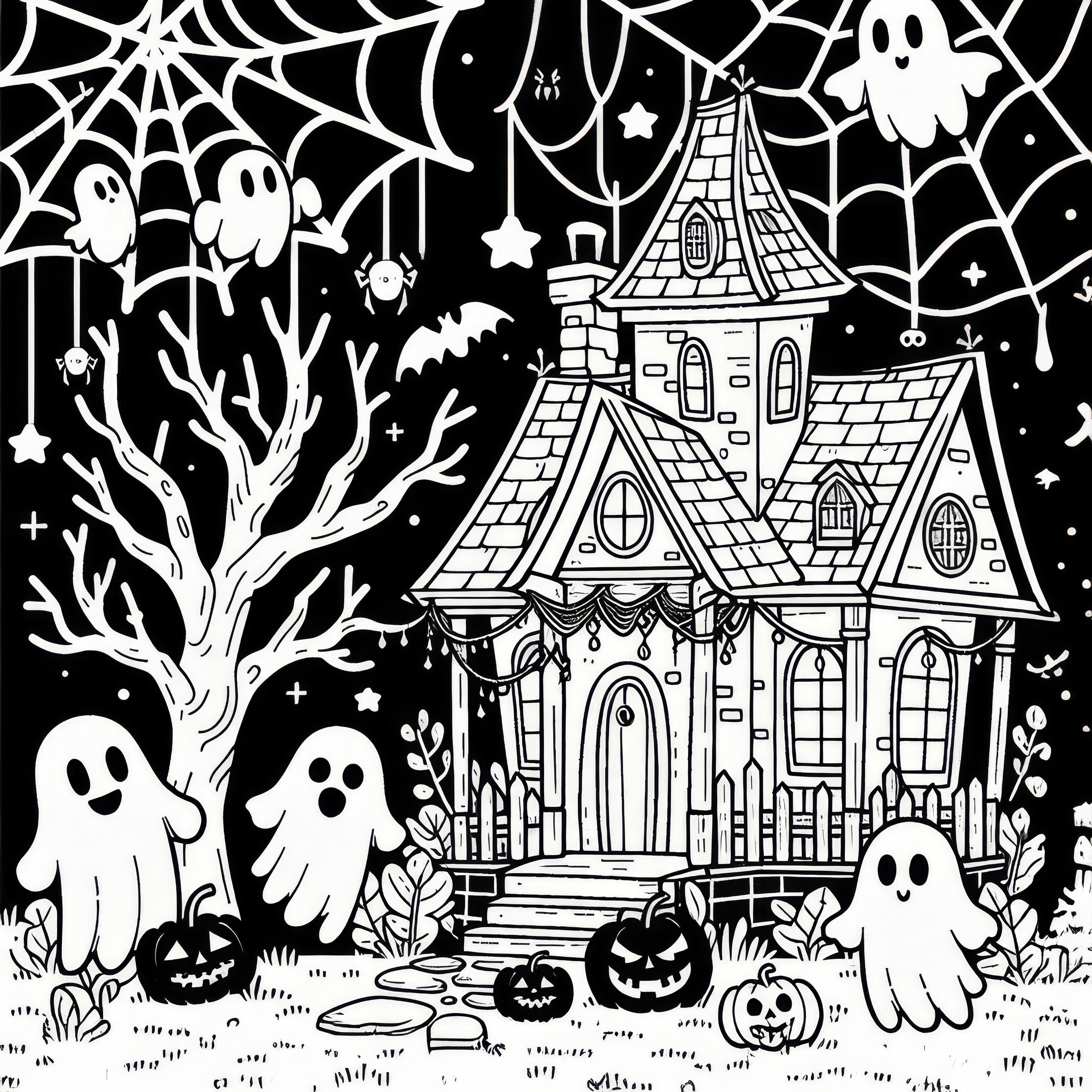 Spookily decorated house with cobwebs and ghosts: October coloring page (Free)