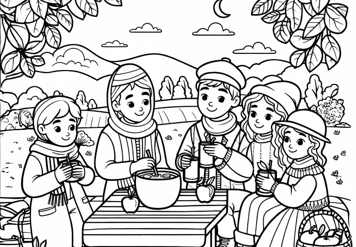 Mensen drinken warme appelsap in een herfstlandschap in oktober: Kleurplaat om te downloaden (Gratis)