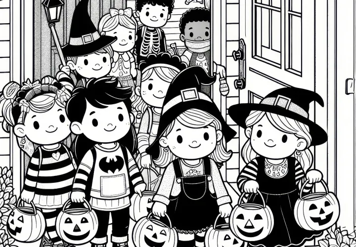 Kinder gaan verkleed als Halloween van deur tot deur in oktober: Kleurplaat om te downloaden (Gratis)