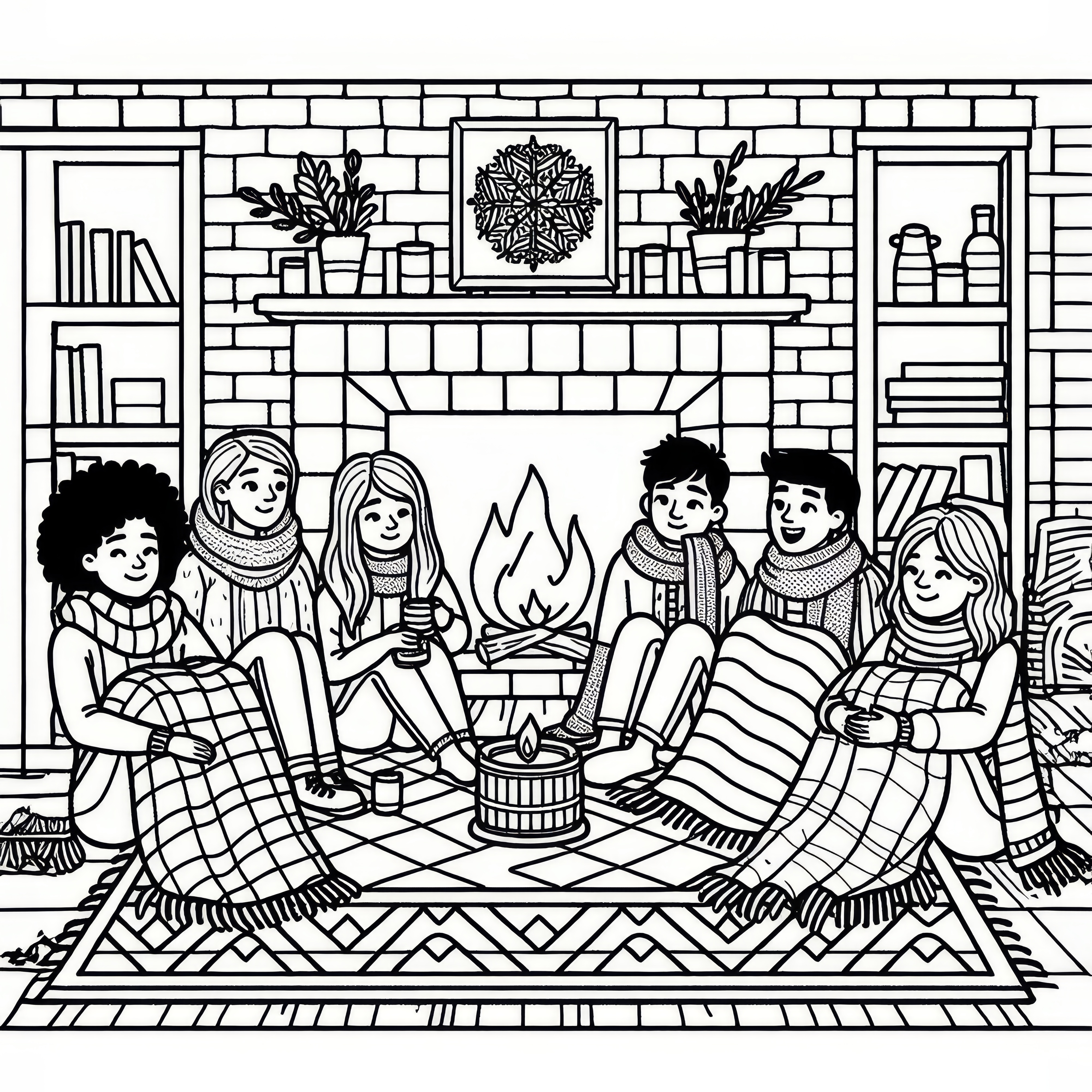 친구들이 10월에 담요와 함께 벽난로 앞에서 모여있는 모습: 다운로드용 컬러링 페이지 (무료)