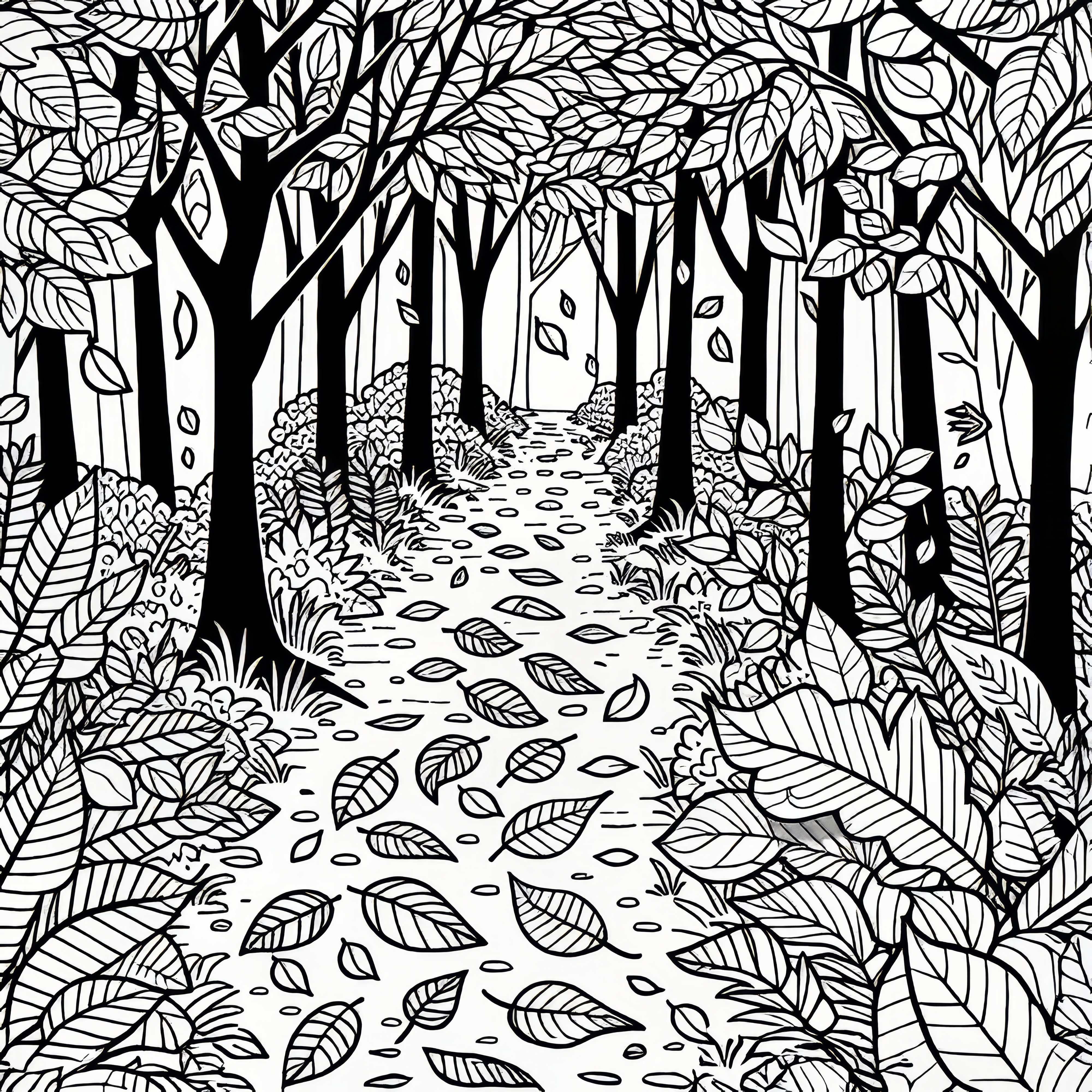 Forest path with falling leaves in October: Coloring page for download (Free)
