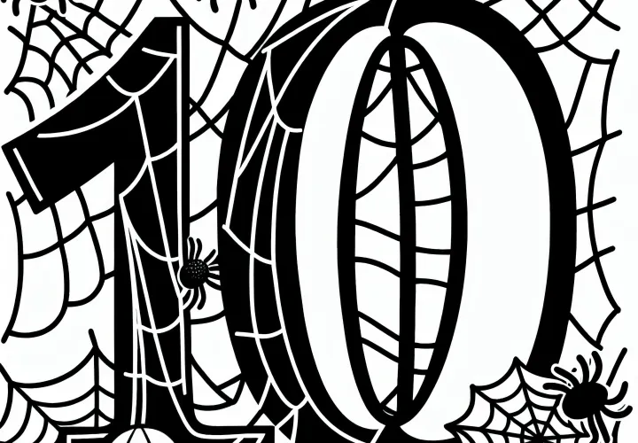 Getal 10 met spinnenwebben in oktober: Kleurplaat gratis te downloaden