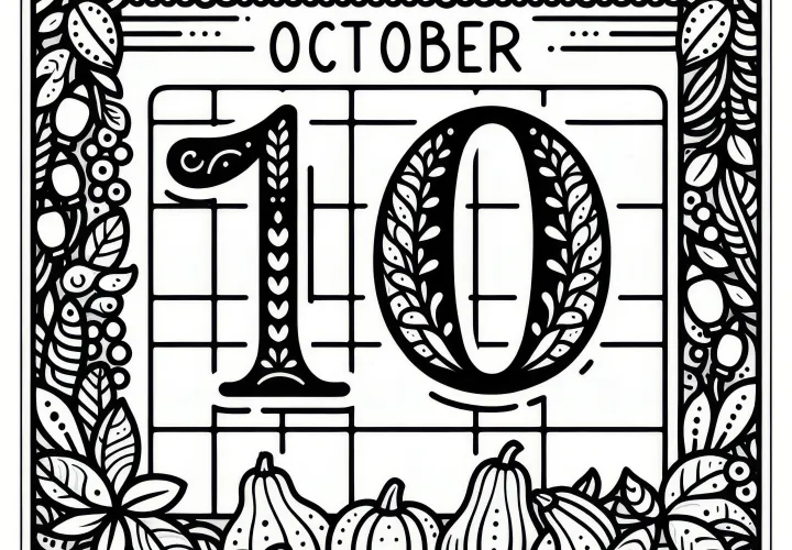 Kalenderblad met het getal 10 voor oktober als kleurplaat (gratis)
